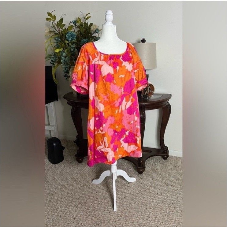 Free Assembly Floral Puff Sleeve Dress Xl Pink Orange Open Tie Back With Pockets